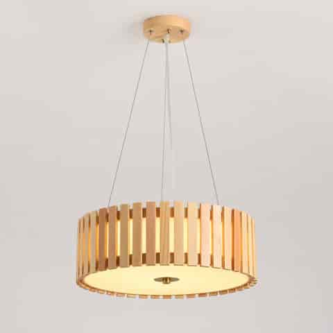 Natural wooden slat drum pendant chandelier with cable suspension and frosted diffuser